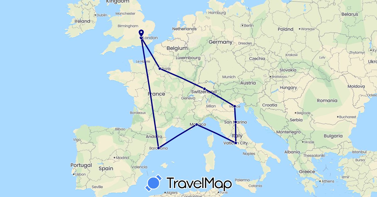 TravelMap itinerary: driving in Switzerland, Spain, France, United Kingdom, Italy, San Marino (Europe)