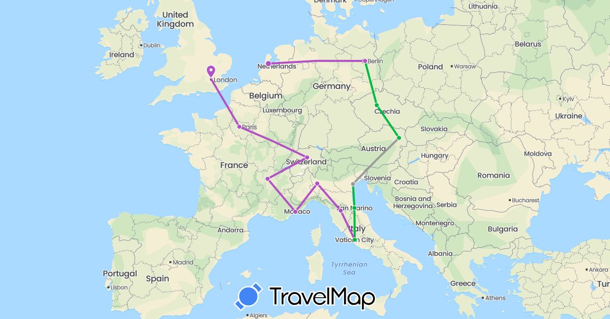TravelMap itinerary: driving, bus, plane, train in Austria, Switzerland, Czech Republic, Germany, France, United Kingdom, Italy, Netherlands, San Marino (Europe)