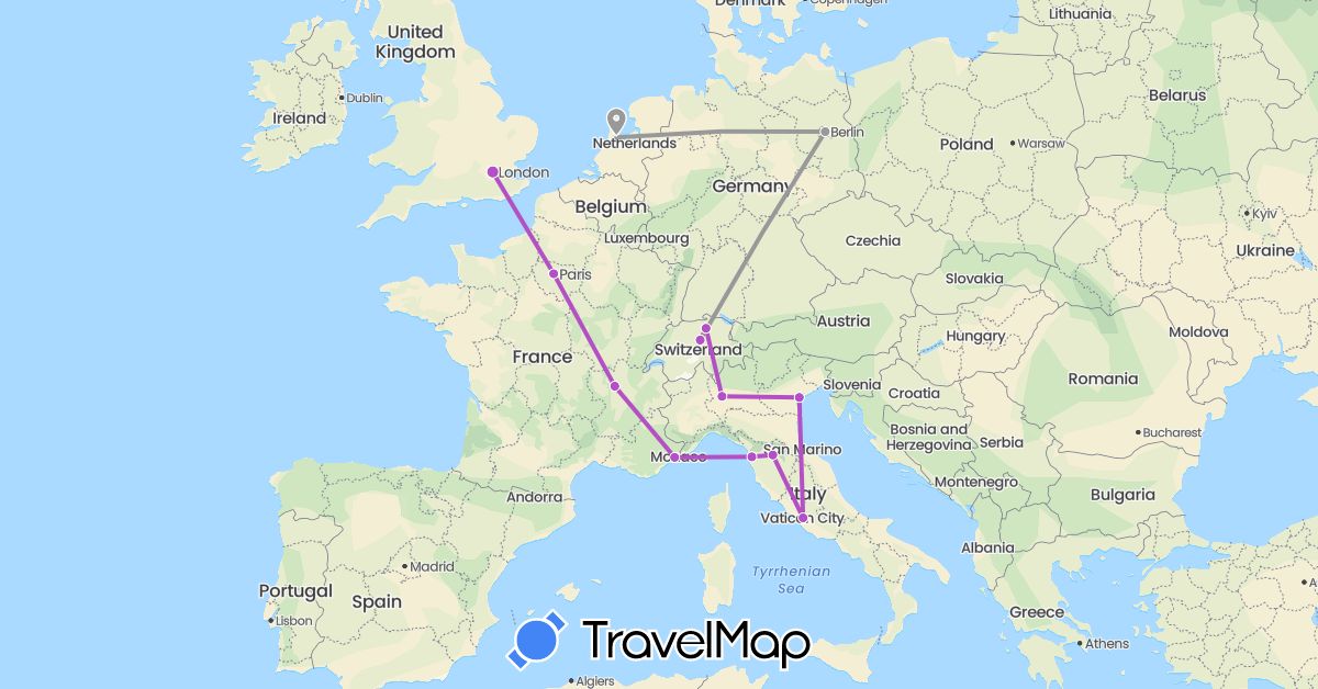 TravelMap itinerary: driving, plane, train in Switzerland, Germany, France, United Kingdom, Italy, Netherlands (Europe)